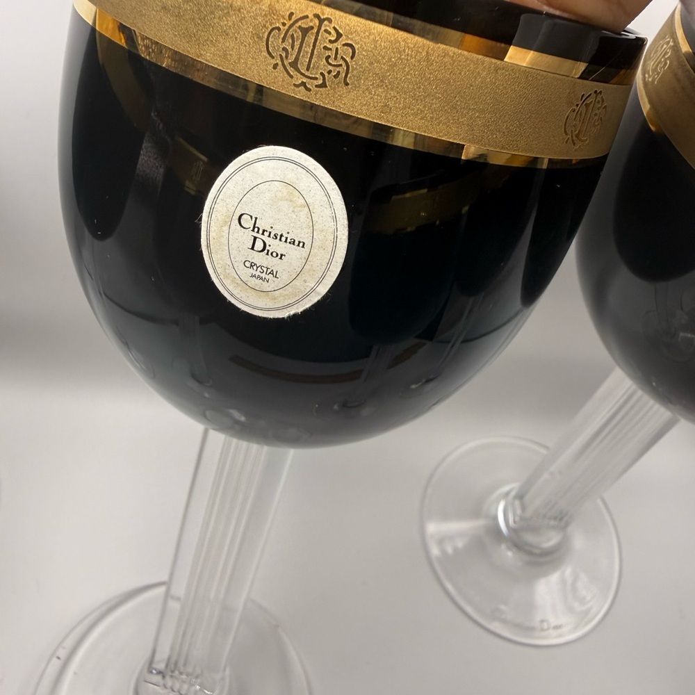6 Vintage Christian Dior Ebony Gold Wine Crystal Stemware Japan